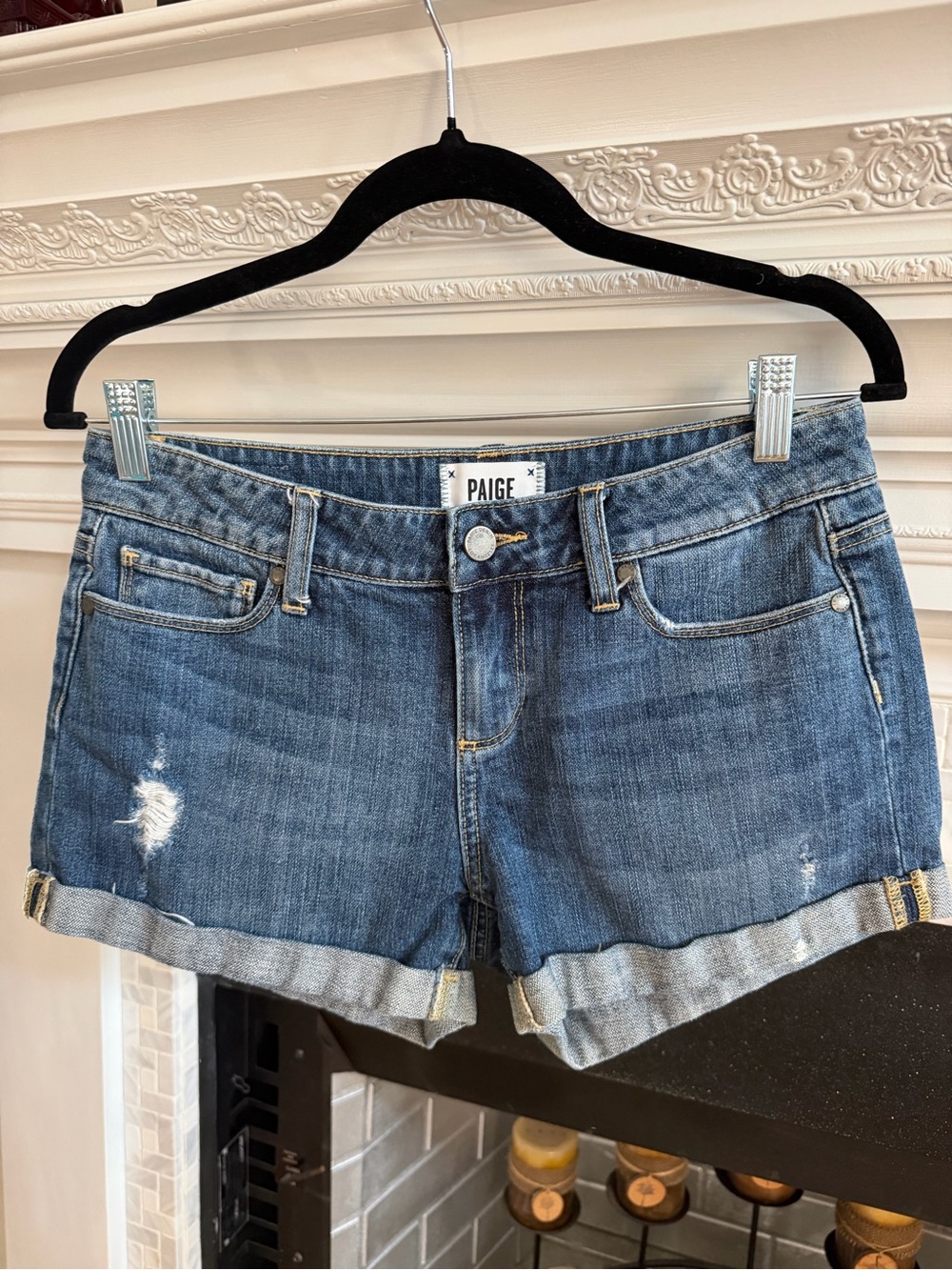 PAIGE Medium Blue Rolled Cuff Denim Shorts